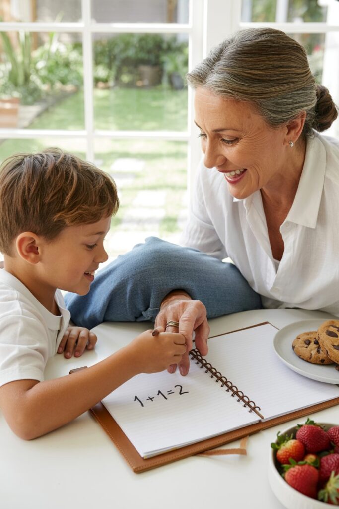 A smiling grandmother with brown hair in a loose bun and warm eyes is seated at a bright, modern kitchen table, gently guiding her grandson's hand as he writes in a leather-bound notebook. She is wearing blue denim jeans and a crisp white blouse. The kitchen features sleek stainless steel appliances and colorful wall art, with a bowl of ripe strawberries and a plate of chocolate chip cookies on the table. Soft, natural light streams through a large window, illuminating their affectionate connection and the sunny garden outside.

