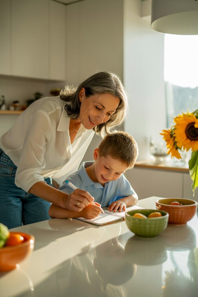 A photograph of a smiling grandmother with brown hair in a loose bun and wearing blue denim jeans and a white blouse, gently guiding her grandson's hand as he writes in a notebook at a bright, modern kitchen table. The kitchen is adorned with sleek stainless steel appliances and colorful artwork. A bowl of ripe strawberries and a plate of cookies sit nearby. Soft, natural light streams in through a window, illuminating the warm connection between them.