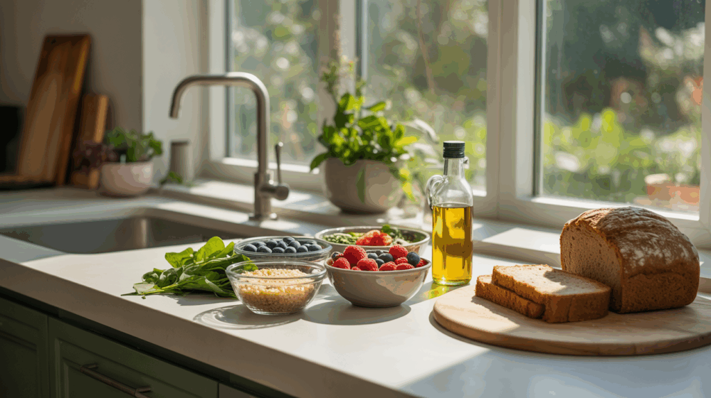 A bright, modern kitchen filled with warm sunlight. The sleek white countertop displays vibrant bowls of quinoa, fresh berries, and leafy greens, along with a bottle of olive oil and a loaf of whole-grain bread. A stainless steel faucet gleams near a large window, revealing a lush green garden outside. The scene is styled to evoke a sense of calm and mindful meal preparation, showcasing the rich textures and colors of the ingredients.