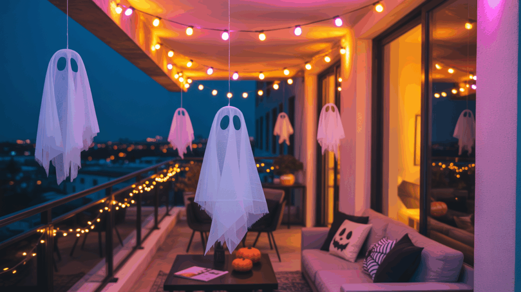 A stylish Halloween-themed apartment balcony adorned with glowing string lights, hanging ghosts, and stacked pumpkins, creating a cozy yet spooky atmosphere against a city skyline backdrop.