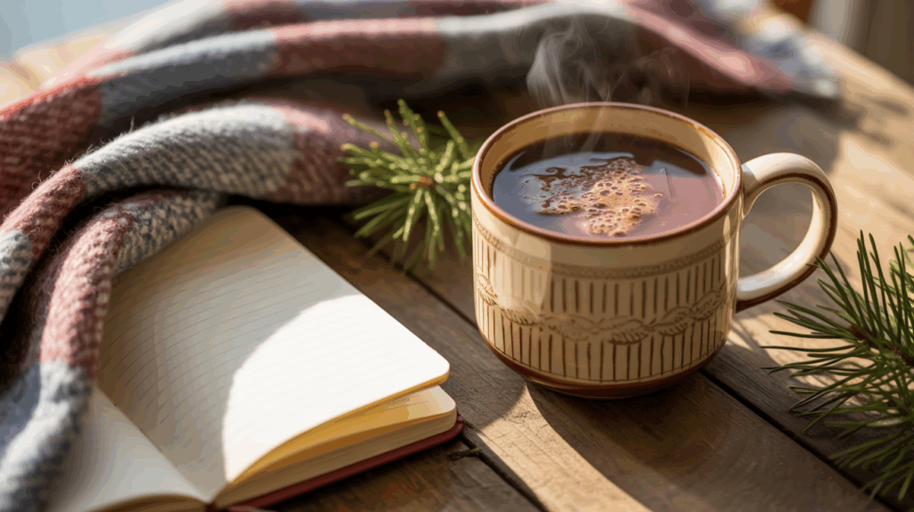 Warmly lit autumn wellness flat lay with cozy textures, a hot drink, and seasonal accents suggesting self-care.