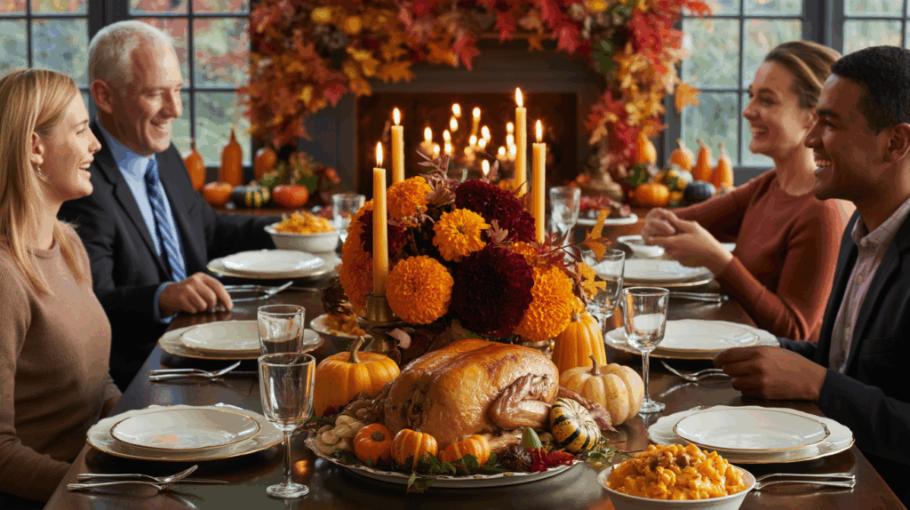 "An elegant Thanksgiving dinner table featuring a floral centerpiece, fine china, and sparkling lights, ready for a joyful feast with family and friends."