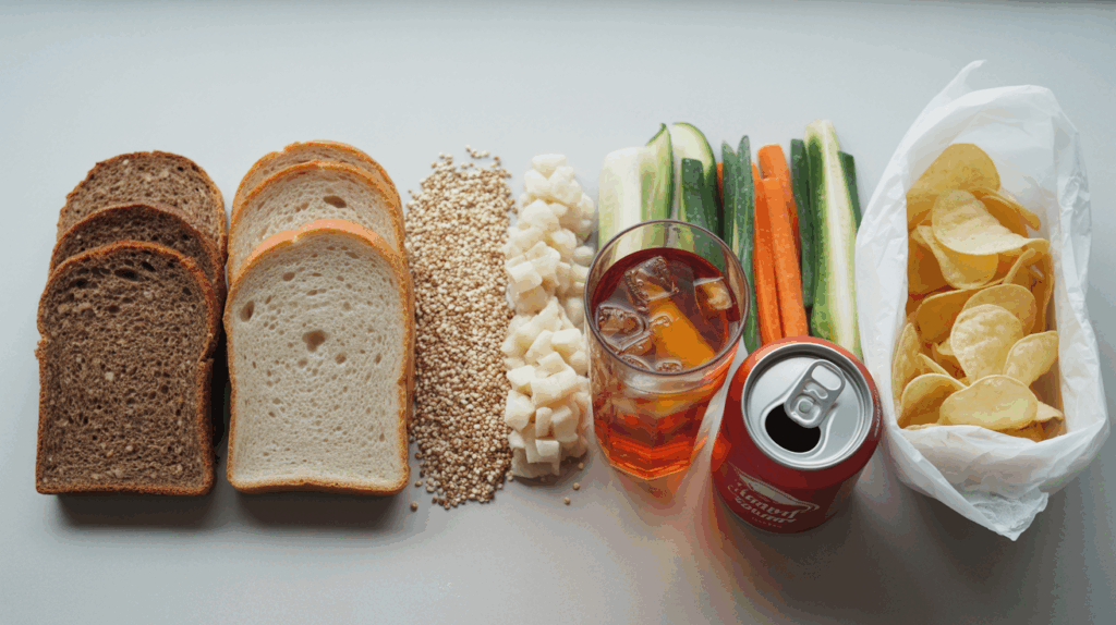 Flat lay showing healthy food swaps like whole-grain bread, quinoa, infused water, and fresh vegetables.