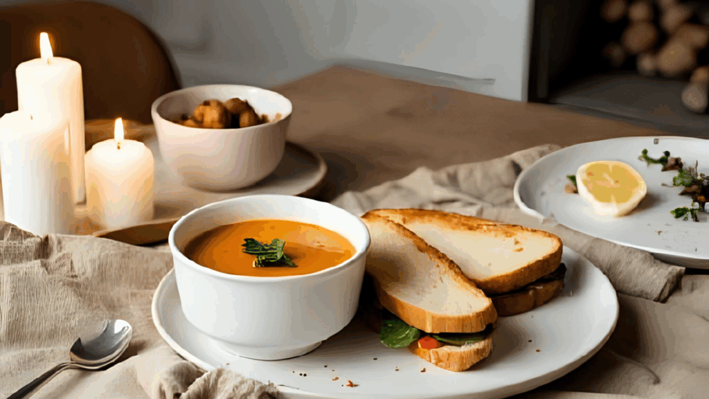 "A festive table display featuring various Thanksgiving leftover dishes including turkey sandwiches, cozy soup, colorful bowls, and brunch hash, all elegantly arranged to inspire creative meal ideas."