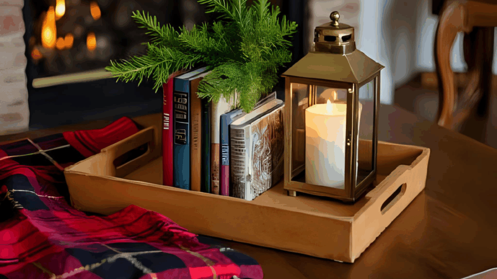 "Elegant holiday decor scene featuring brass candleholders, a tartan throw, and evergreen elements, inspired by Ralph Lauren's classic aesthetic, transitioning from Thanksgiving to Christmas."