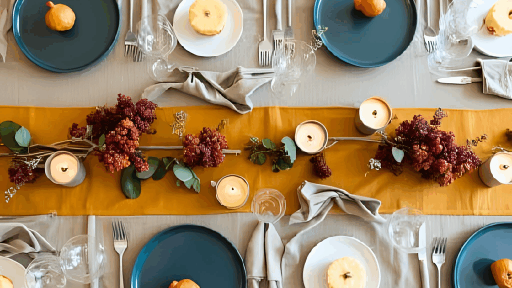 “Thanksgiving table set with warm neutrals and one bold accent color, featuring candles, textured linens, and coordinated napkins for a cohesive festive look.”