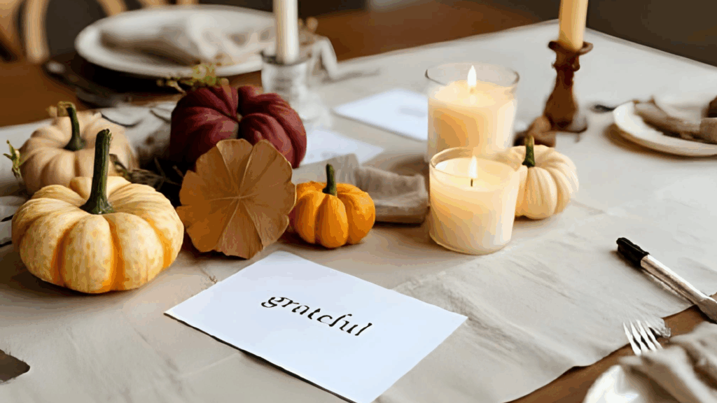 Thanksgiving table with gratitude cards and candle, warm cozy lighting, neutral linens, capturing meaningful holiday traditions.