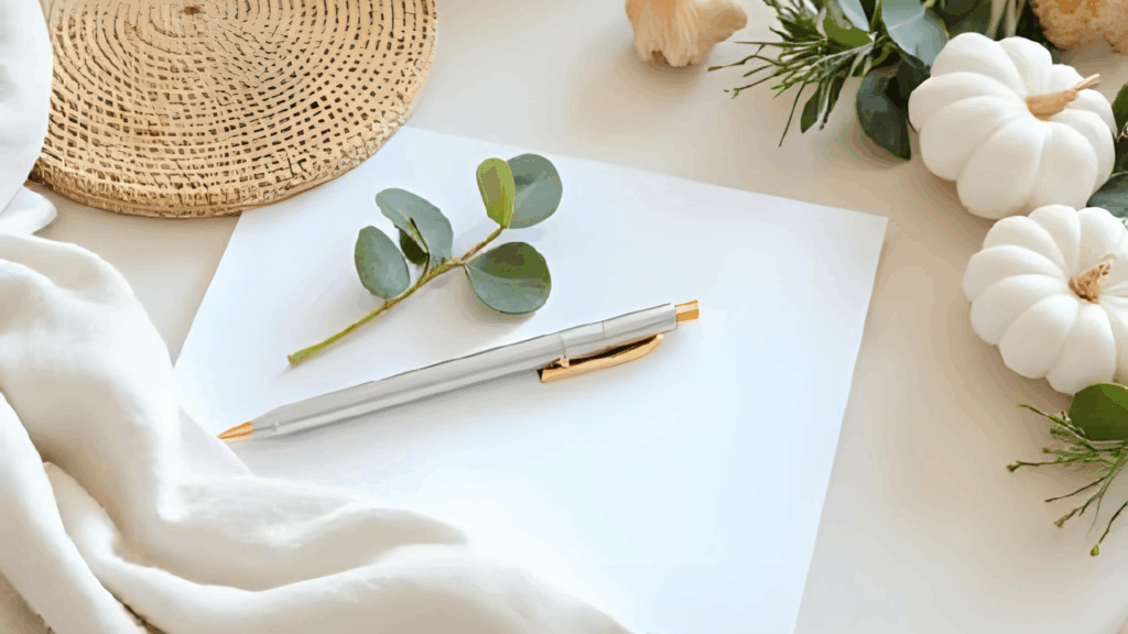 “Coastal Hamptons-inspired flat lay of a Thanksgiving host checklist featuring linen, woven textures, and eucalyptus in warm natural light.”