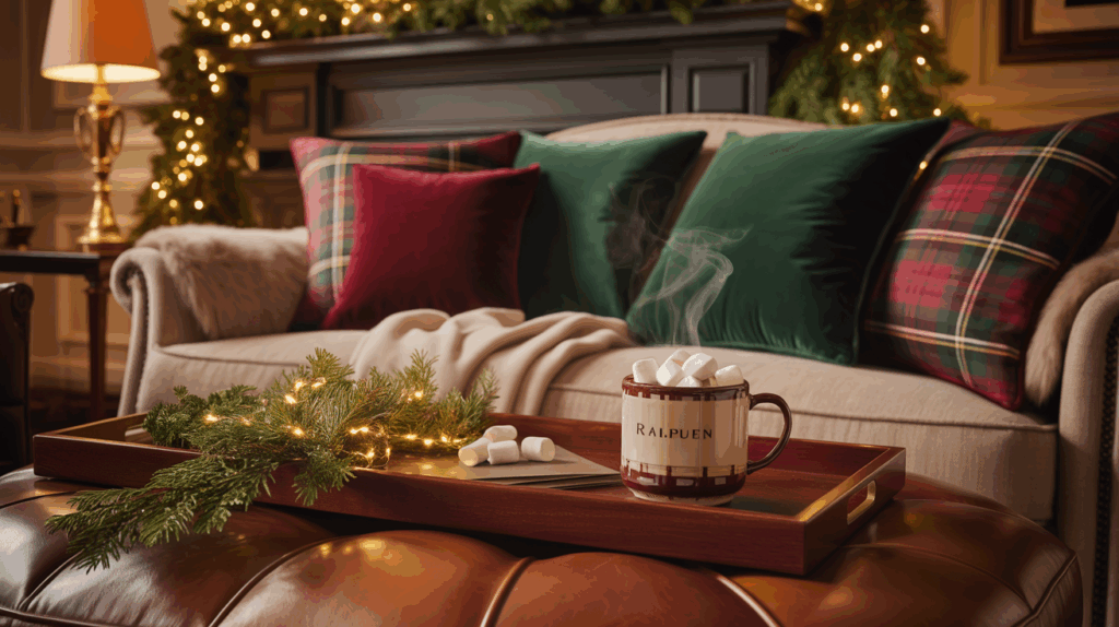 "Elegant living room decorated for the holidays in a Ralph Lauren style, featuring warm lighting, luxurious textures, and a cozy hot cocoa tray."