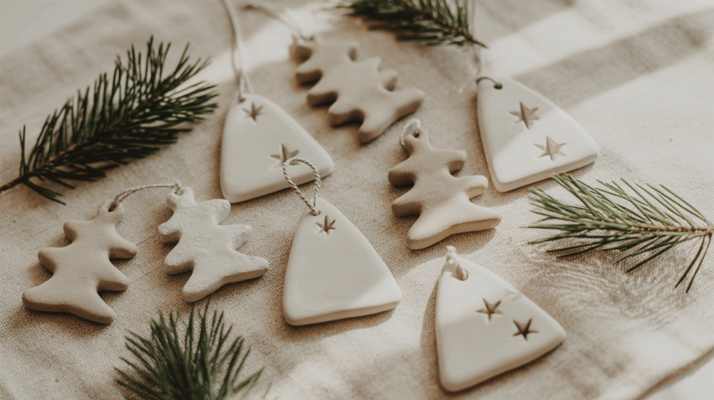 White air-dry clay Christmas ornaments on a linen surface with pine greenery and soft natural shadows, styled in a clean Scandinavian holiday aesthetic.
