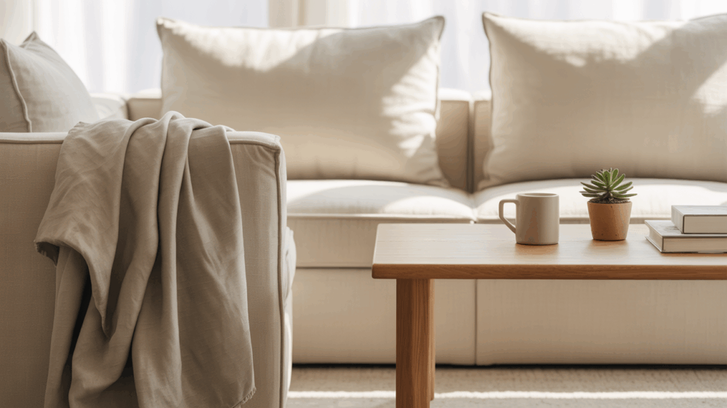 Minimalist living room with a neutral sofa, wooden furniture, soft lighting, and simple decor, showing a peaceful, clutter-free home environment.