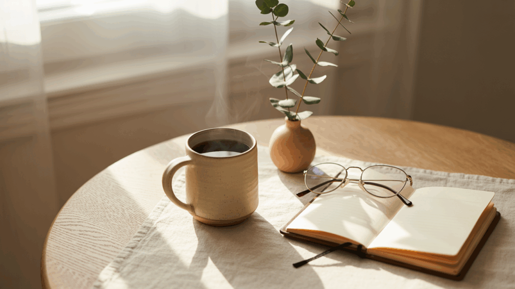 A minimalist ceramic mug sits on a textured surface, symbolizing a calming morning ritual for mindfulness.