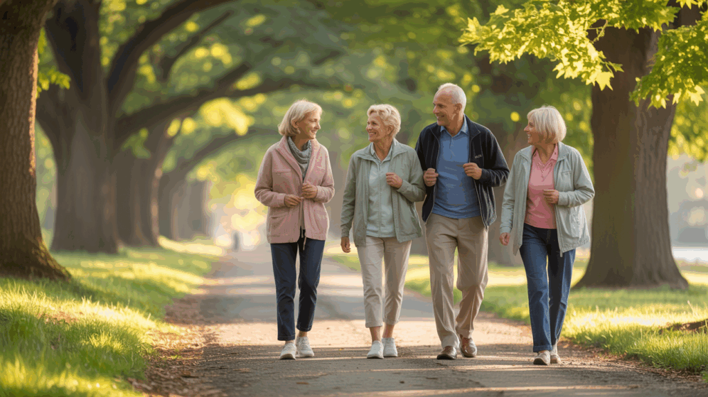 Group of four active older adults smiling and stretching together outdoors, demonstrating easy 10-minute movement exercises to stay healthy after 50.