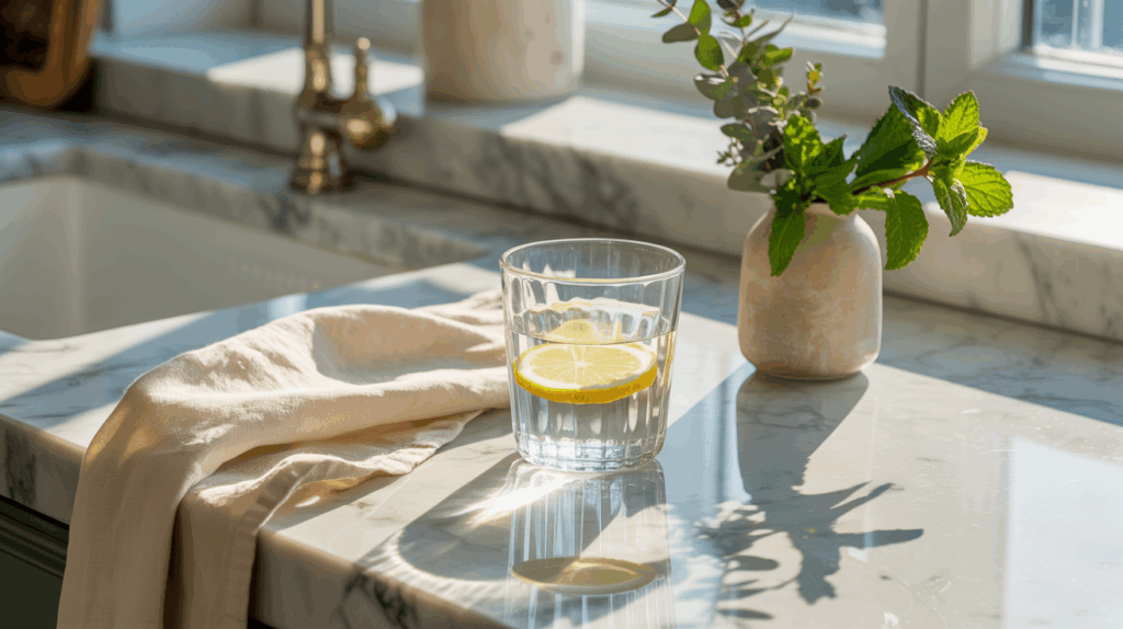 A clear glass of water sitting on a sunlit kitchen countertop in the morning, symbolizing the habit of drinking water before coffee to boost hydration and energy.