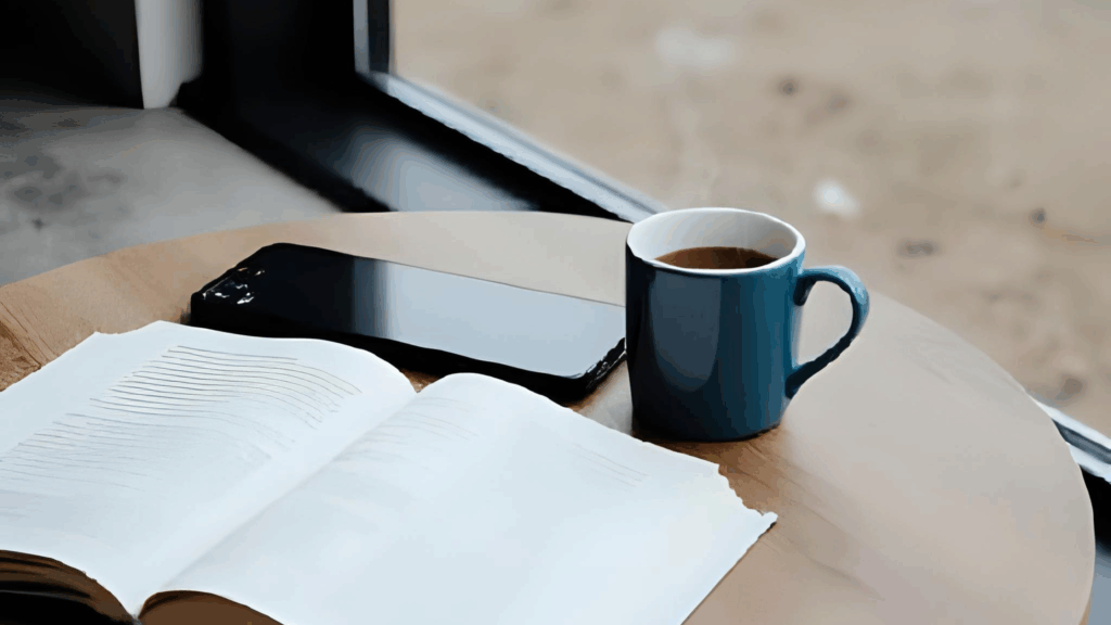 “Phone placed face-down beside a steaming mug of tea and an open journal on a wooden table during a gentle 10-minute digital detox moment.”