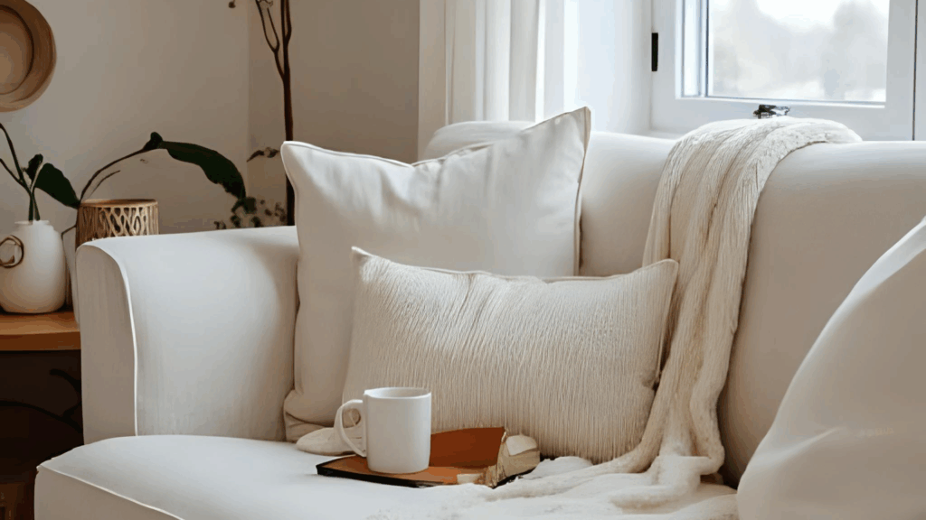 “Cozy winter living room featuring a warm mug and soft blanket, bathed in natural morning light, creating a calm and minimalistic aesthetic with no electronic devices in sight.”