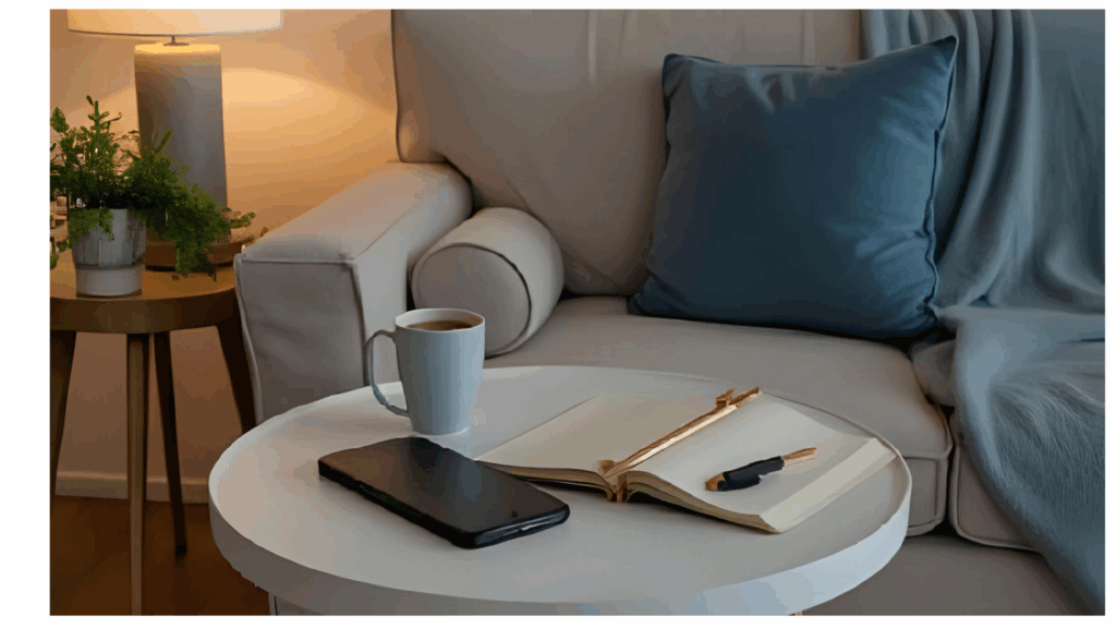 “Cozy minimalist living room with phone face down, open journal, cup of tea, and throw blanket creating a peaceful digital detox scene.”