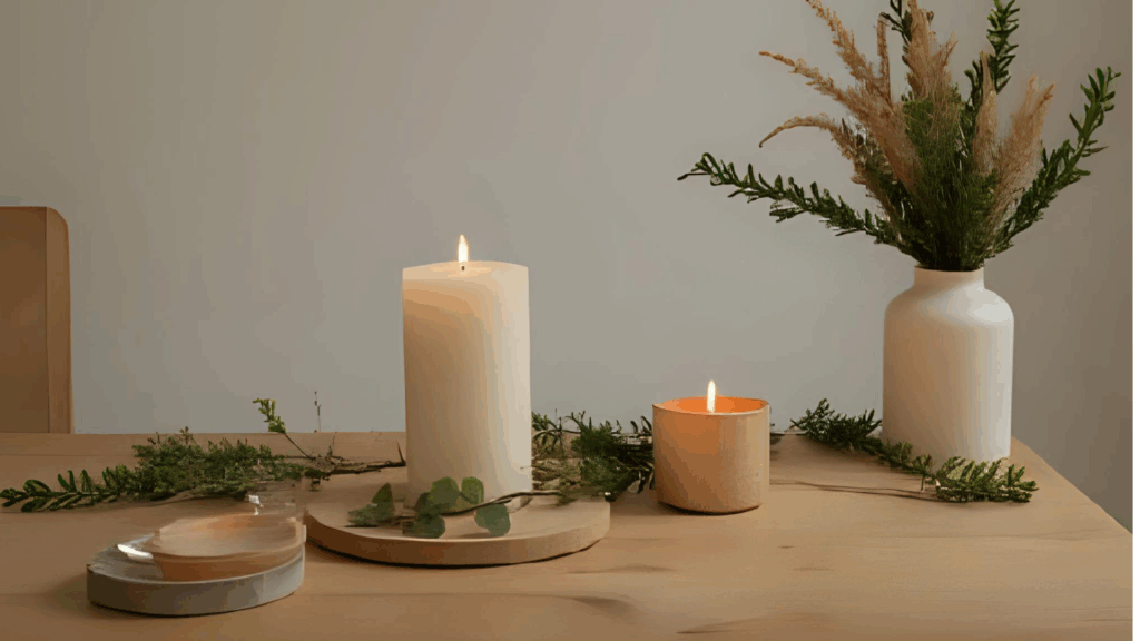 “Cozy December scene with a single lit candle on a table, surrounded by warm winter tones, journal, and soft light, representing a mindful start to the holiday season.”