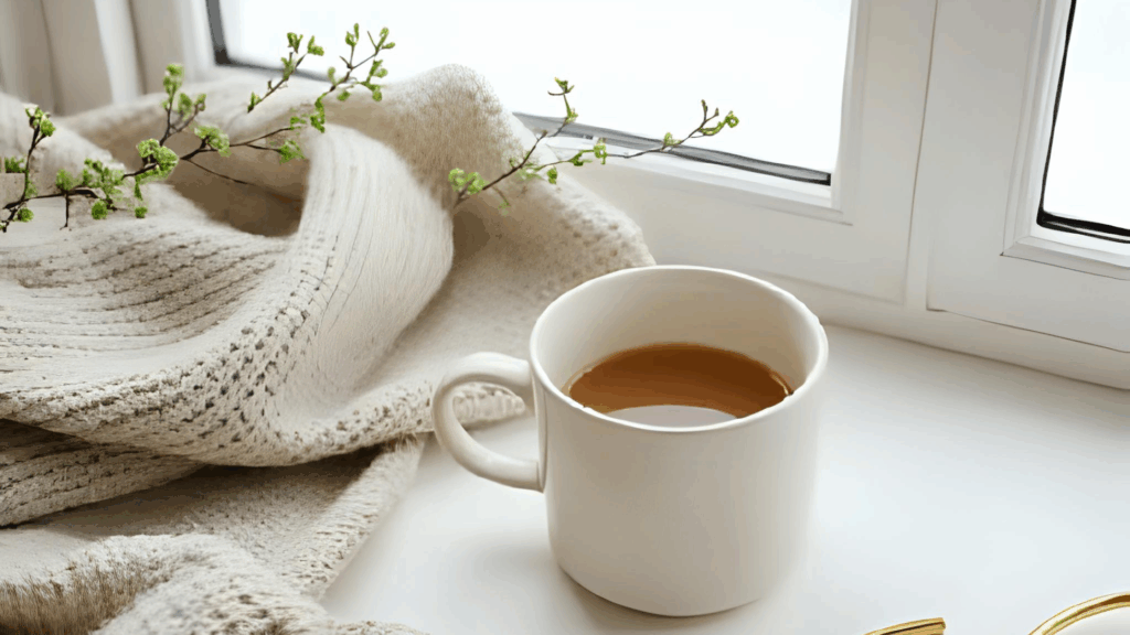 ozy December morning scene with a warm cup of tea, sunlight streaming through curtains, and a small journal ready for a morning ritual.