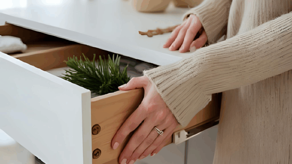 A cozy, minimalist workspace featuring a tidy desk with a single open drawer, emphasizing simplicity and calmness, surrounded by a warm, inviting atmosphere.