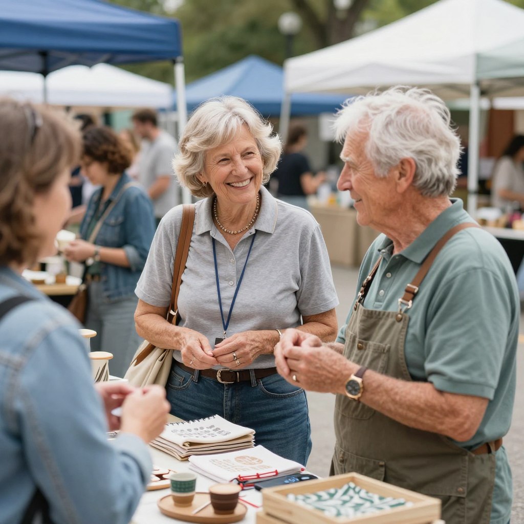 Retired couple enjoying social connections through their side hustle