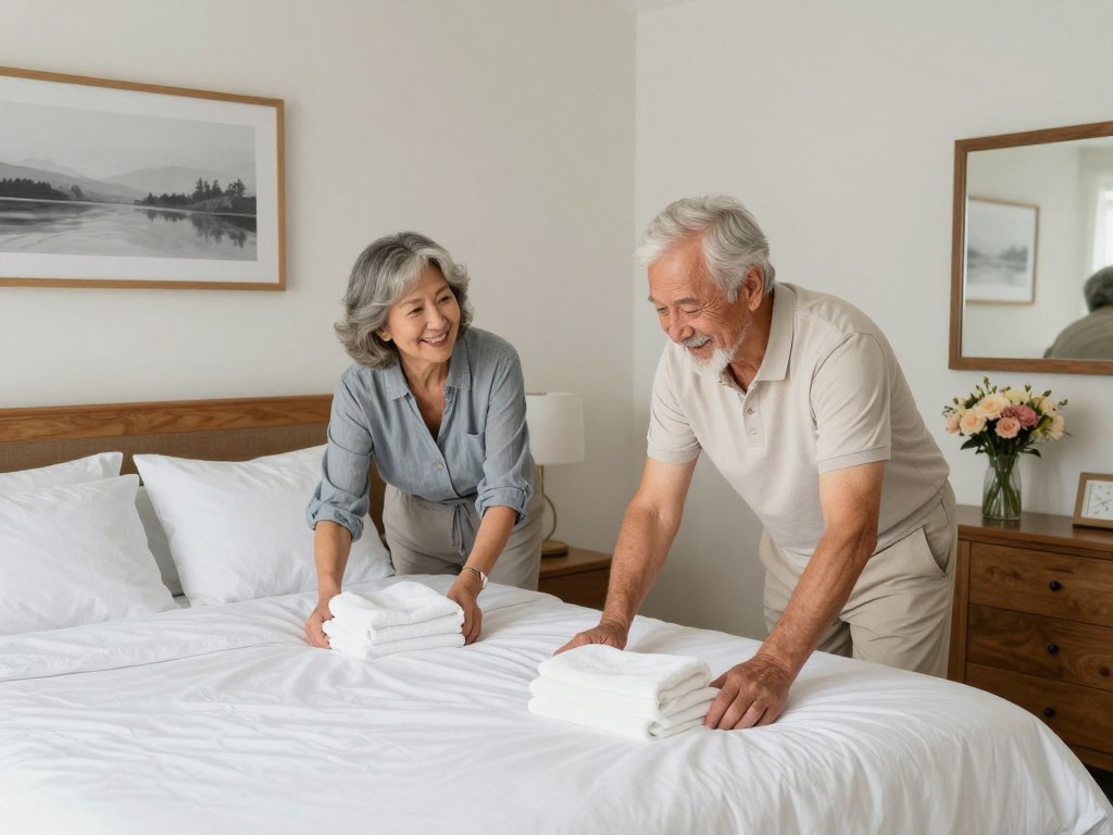 Retired couple preparing their spare room for rental guests