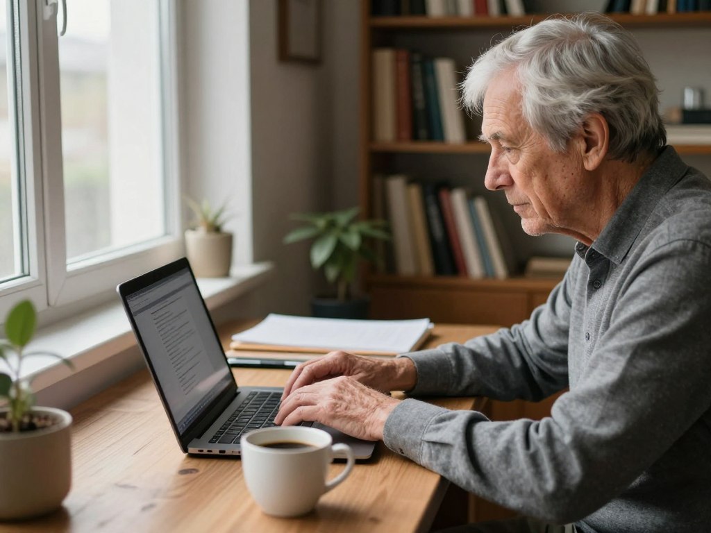Retired person writing content on a laptop