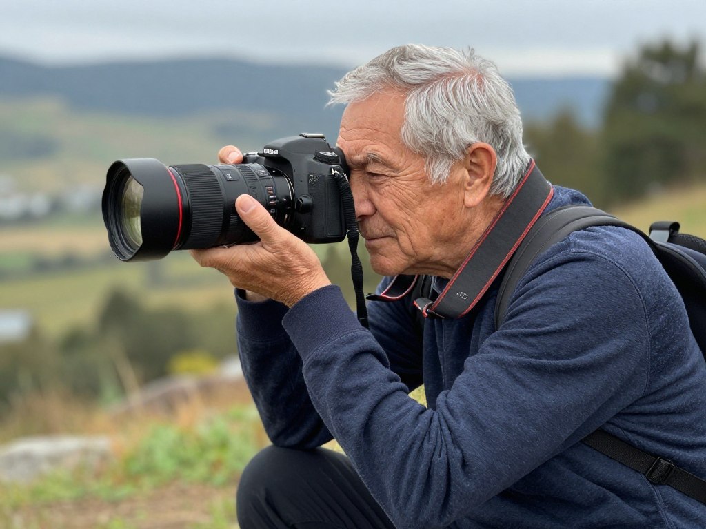 Retired photographer taking professional photos outdoors