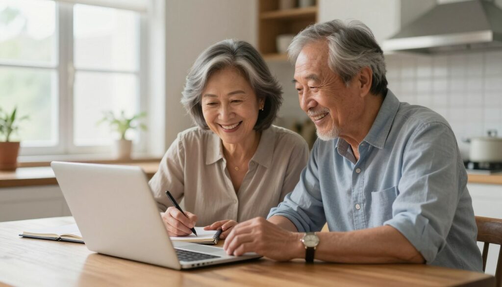 Senior couple happily working on a side hustle project together at home