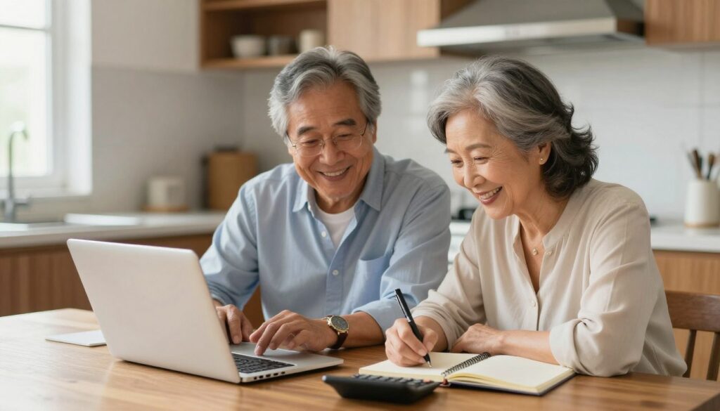 Senior couple happily working on their profitable side hustle at home