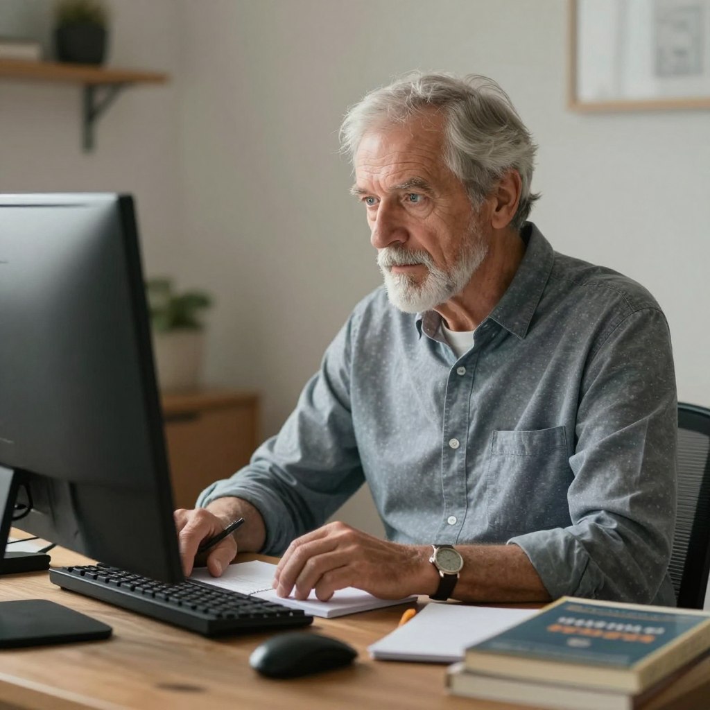 Senior man learning new technology skills for his digital side hustle