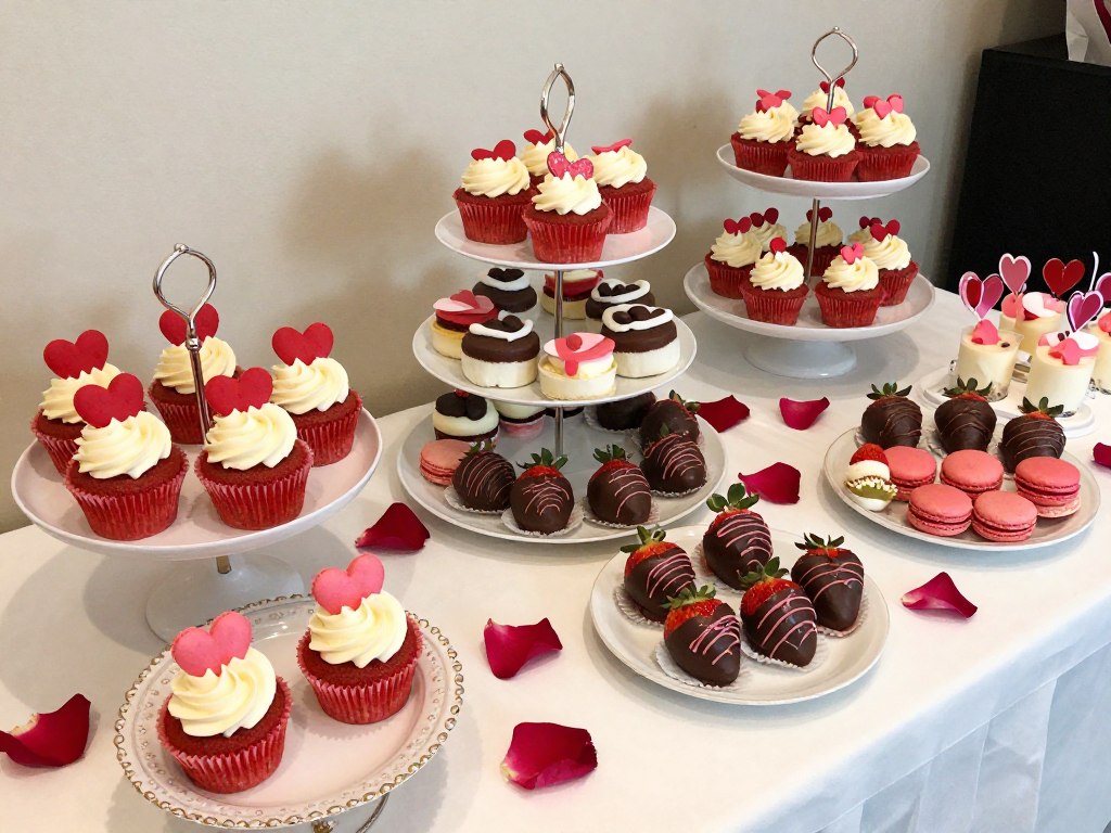 A Valentine's Day dessert table with heart-shaped treats, red velvet cupcakes, chocolate-covered strawberries, and pink macarons arranged on tiered stands