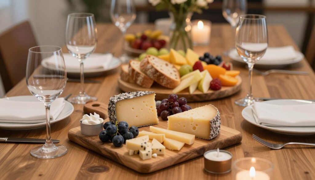 A beautifully set table with a simple no-cook spread including cheese, fruits, and bread