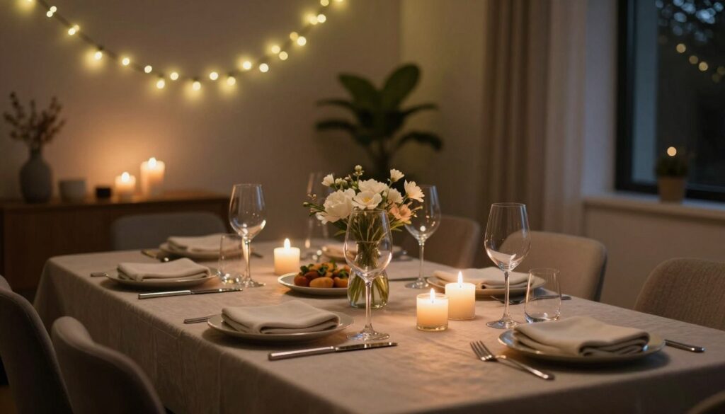A beautifully set table with candles and ambient lighting for hosting without cooking