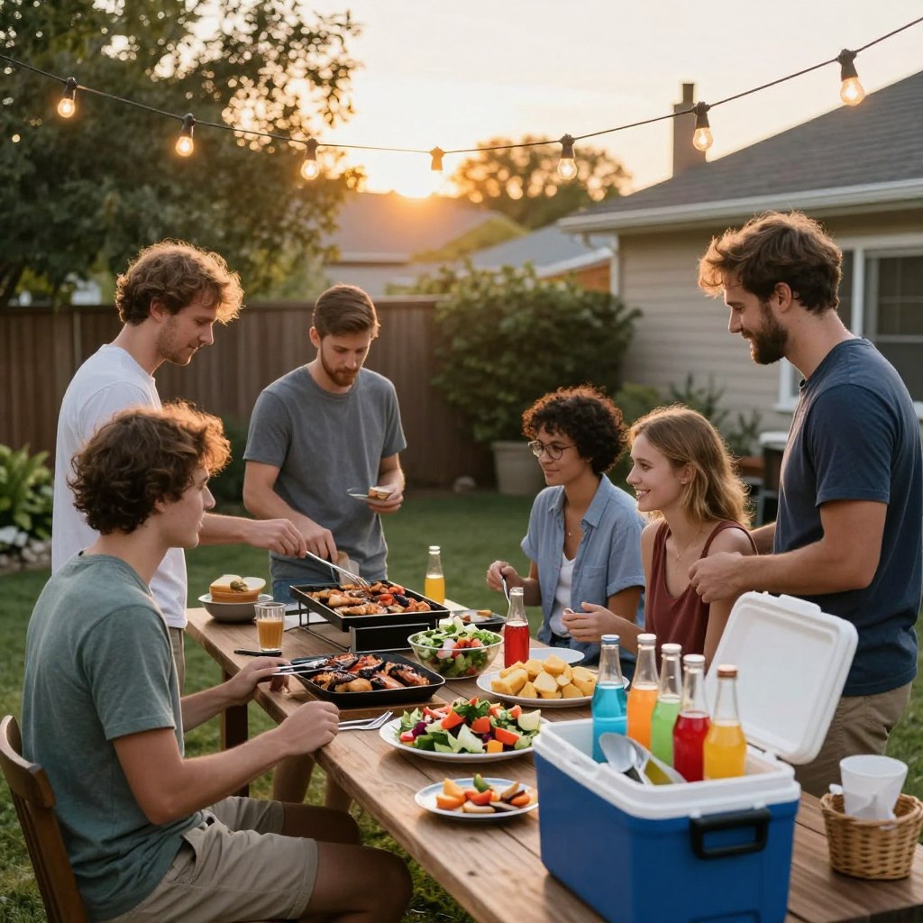 A casual backyard gathering with string lights and simple food A casual backyard gathering with string lights and simple food