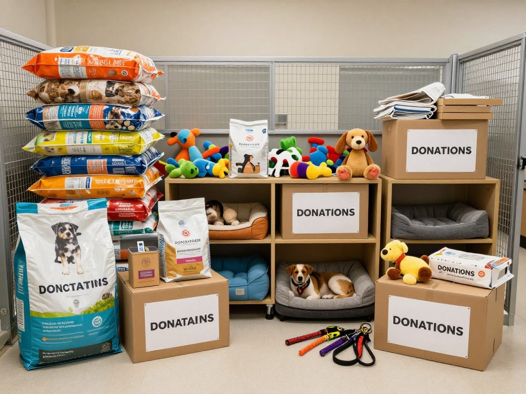 A collection of donated pet supplies at a pet rescue shelter