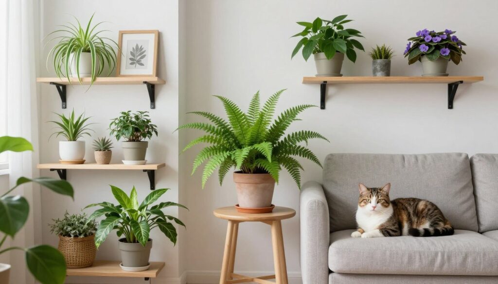 A collection of pet-safe houseplants arranged in a bright living room with a cat lounging nearby