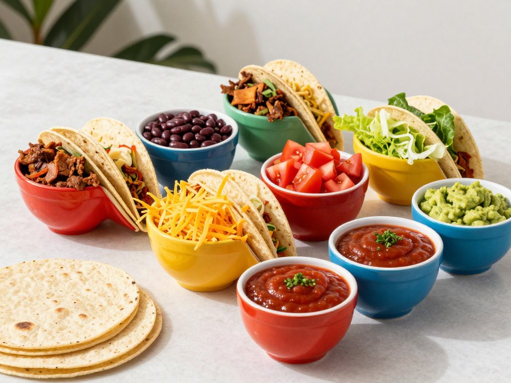 A colorful taco bar setup with various toppings in bowls A colorful taco bar setup with various toppings in bowls