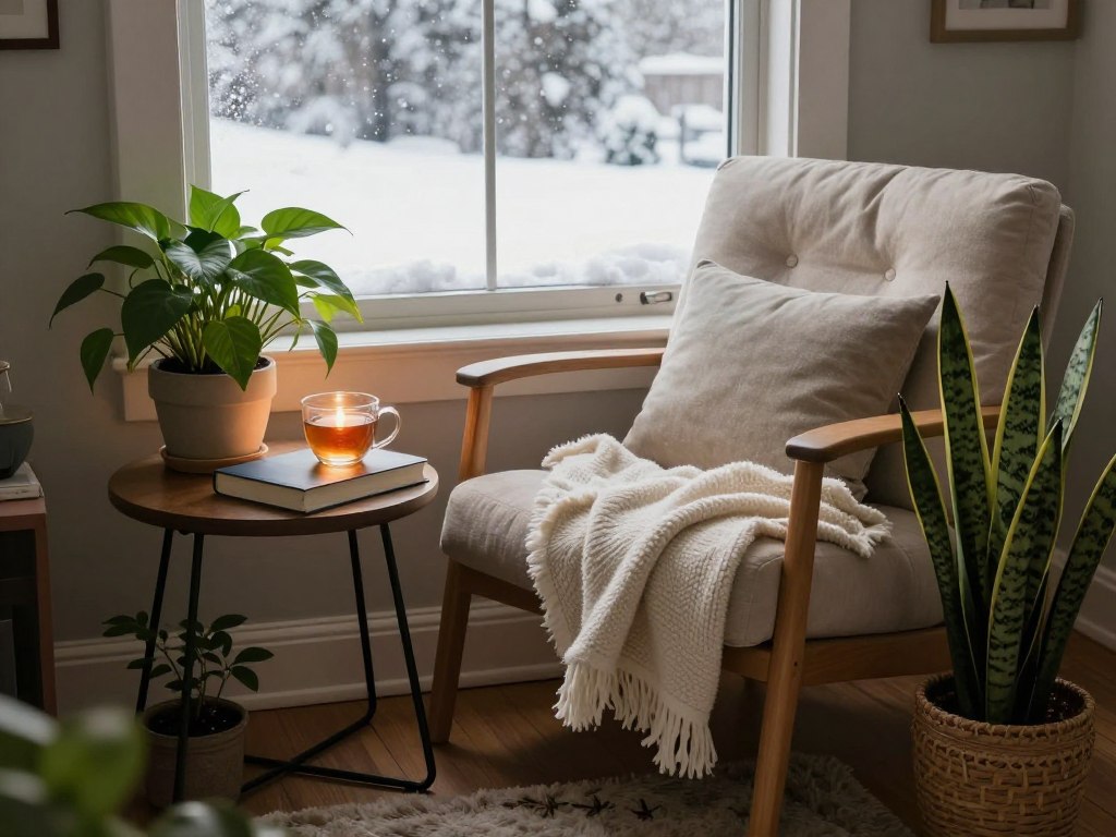 A cozy winter reading nook with low-light houseplants