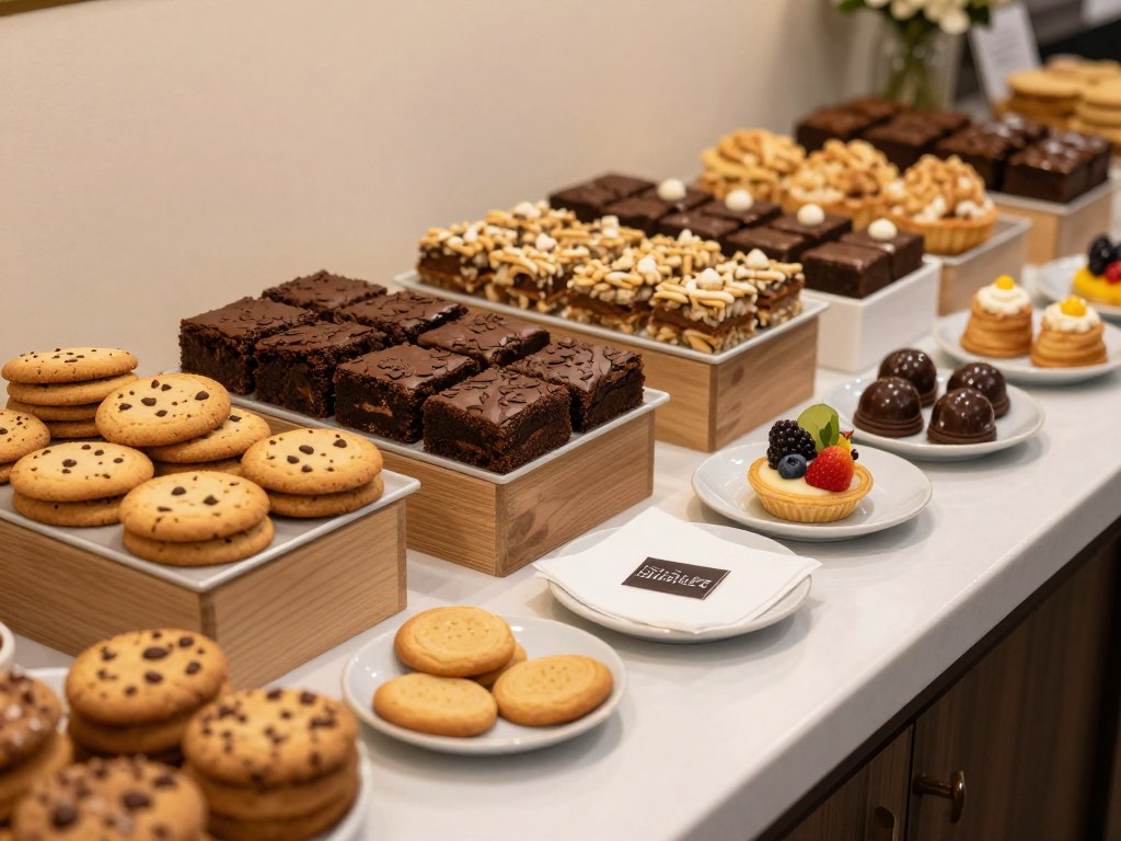 A dessert grazing station with store-bought cookies, brownies and fruits A dessert grazing station with store-bought cookies, brownies and fruits