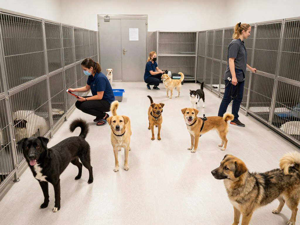 A diverse group of rescue pets including dogs and cats of different breeds and ages at a pet rescue shelter
