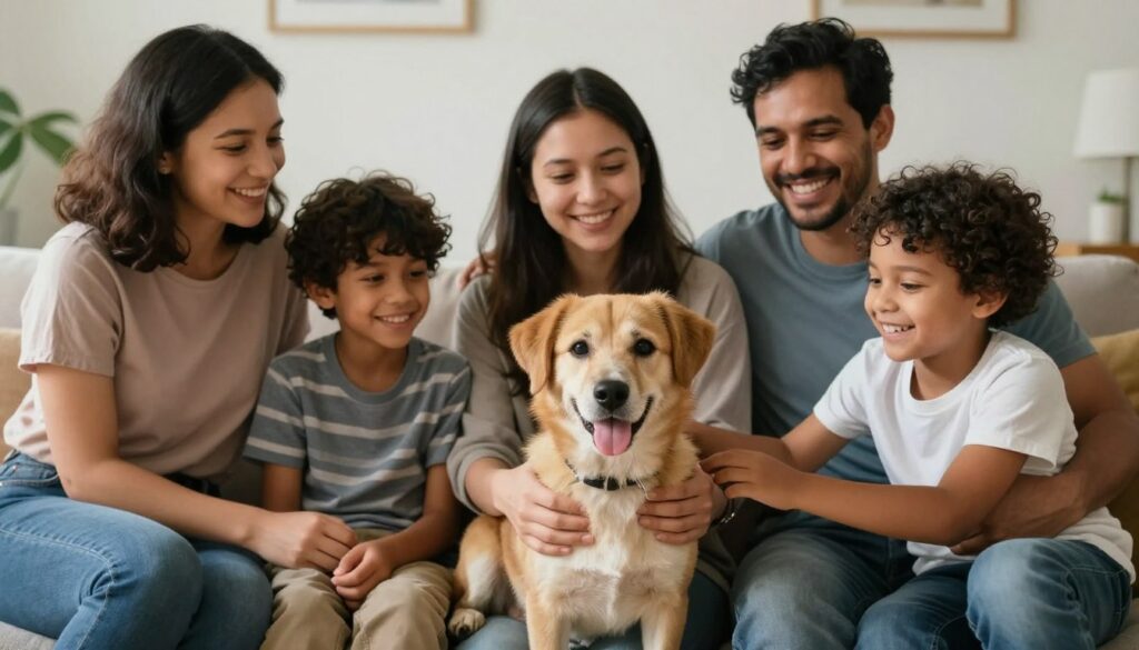 A family sitting together with their rescue dog, showing the bond between rescue pets and families