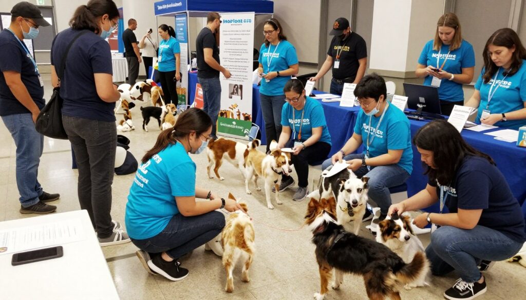 A group of volunteers and adopted pets at a pet rescue community event