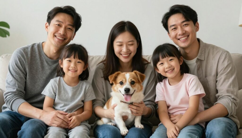 A happy family with their newly adopted pet from a rescue shelter