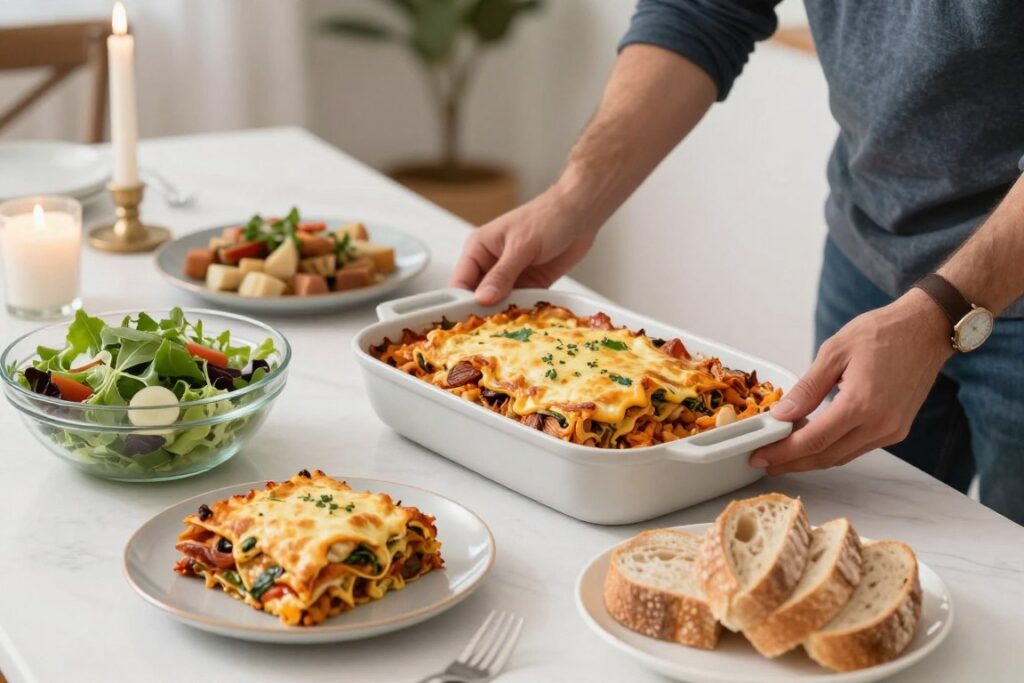 A host arranging a catered main dish with simple homemade sides