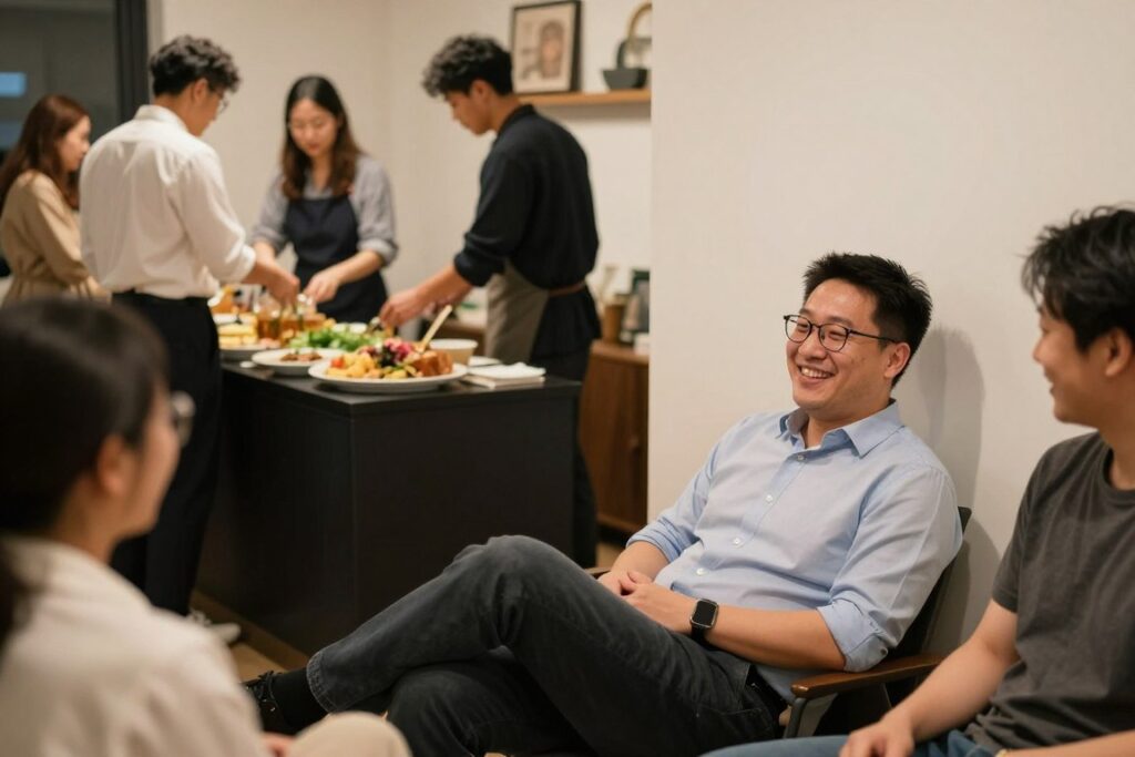 A host chatting with guests while they serve themselves at a food station A host chatting with guests while they serve themselves at a food station