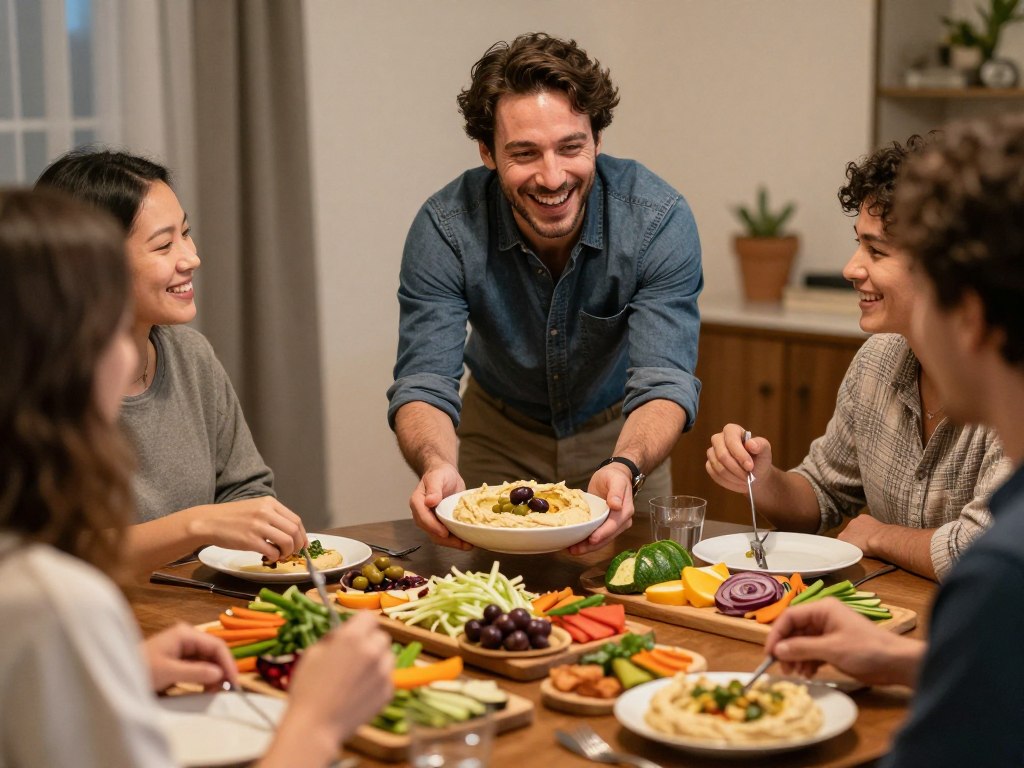 A host laughing with guests while serving a simple no-cook appetizer spread