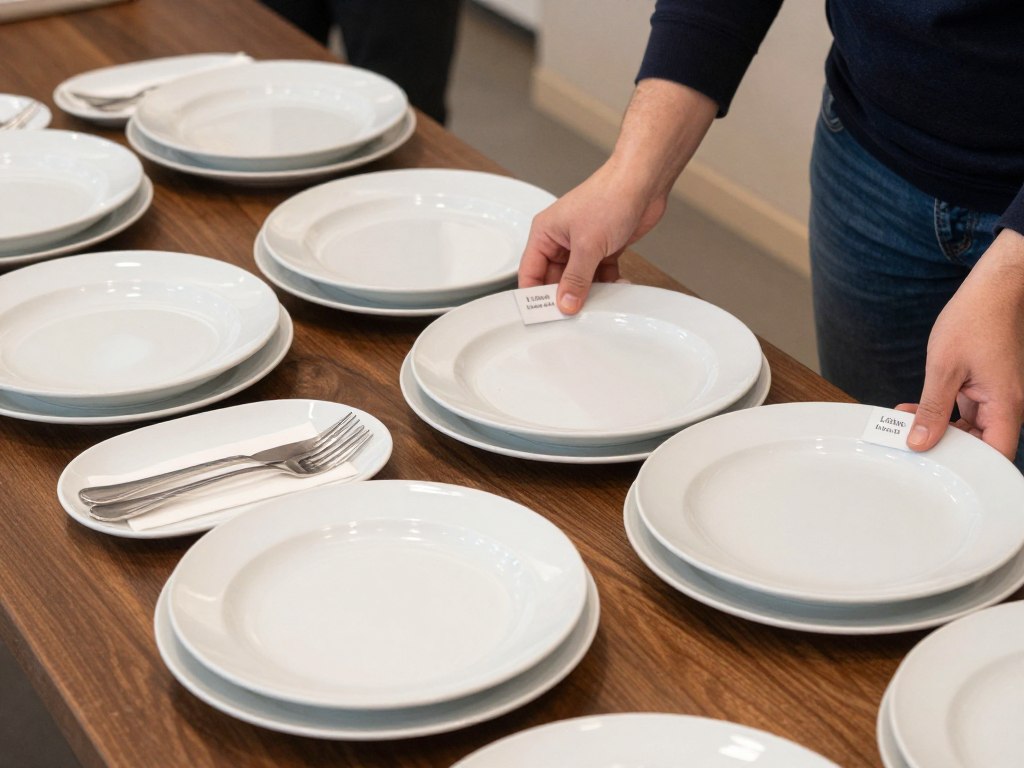 A host preparing serving platters and labels the day before a gathering