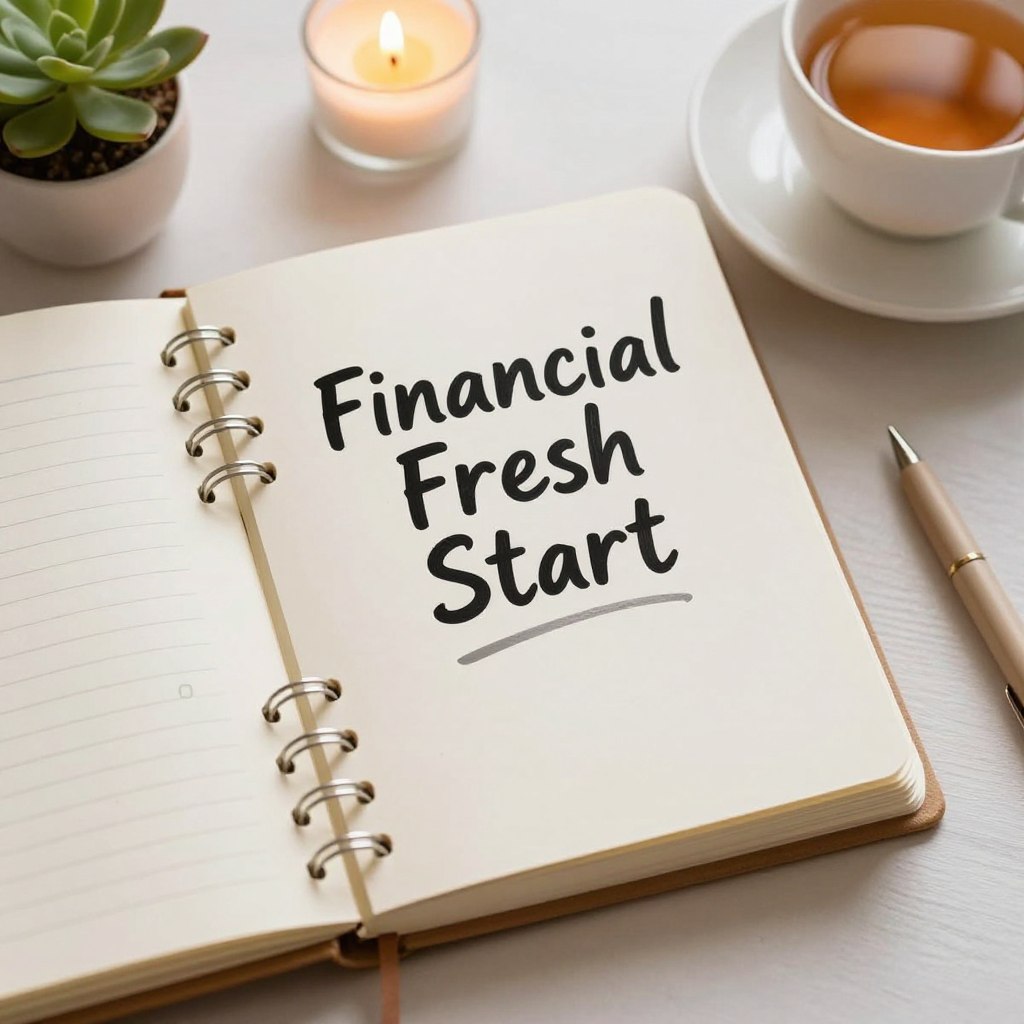 A journal with 'Financial Fresh Start' written on it surrounded by calming elements like a plant, tea, and a small candle