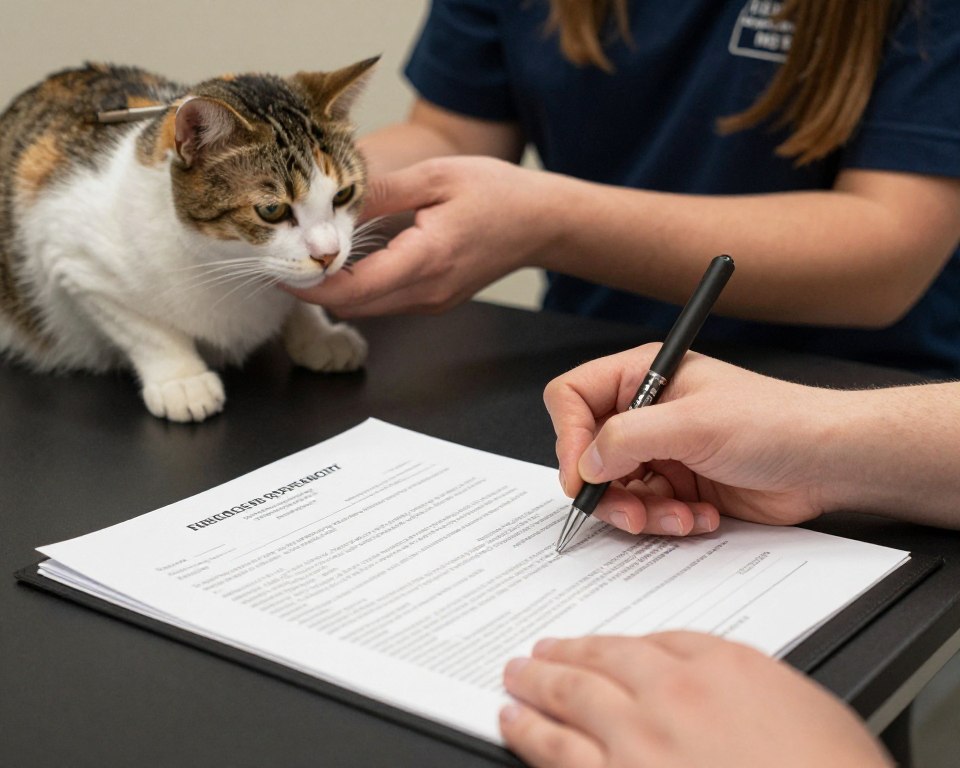 A person signing pet rescue adoption papers while a shelter volunteer holds a cat